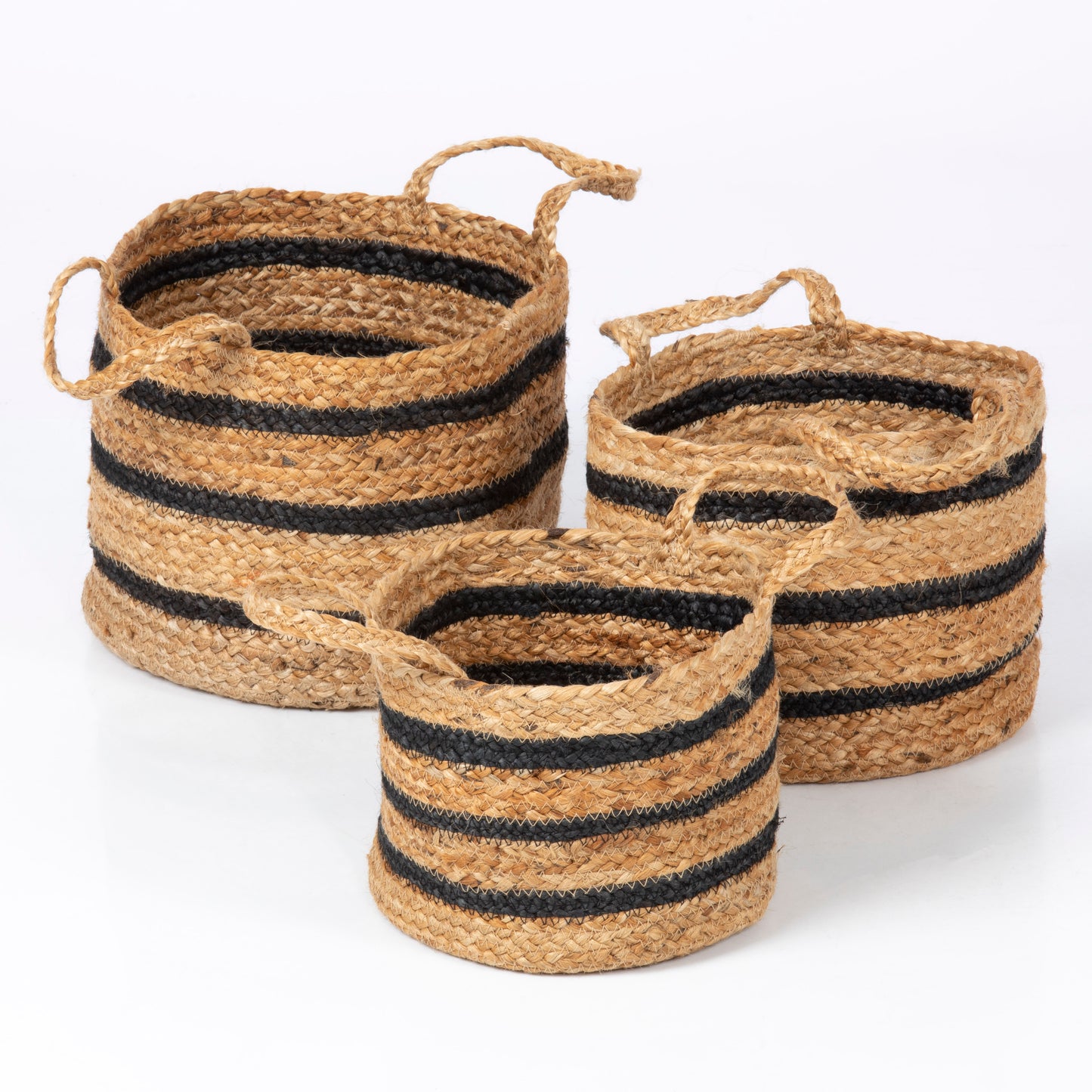 Barnsbury Set of 3 100% Jute Black Stripe Basket with Handle