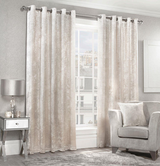 Cream Velvet Crushed Eyelet Curtains.  Pair