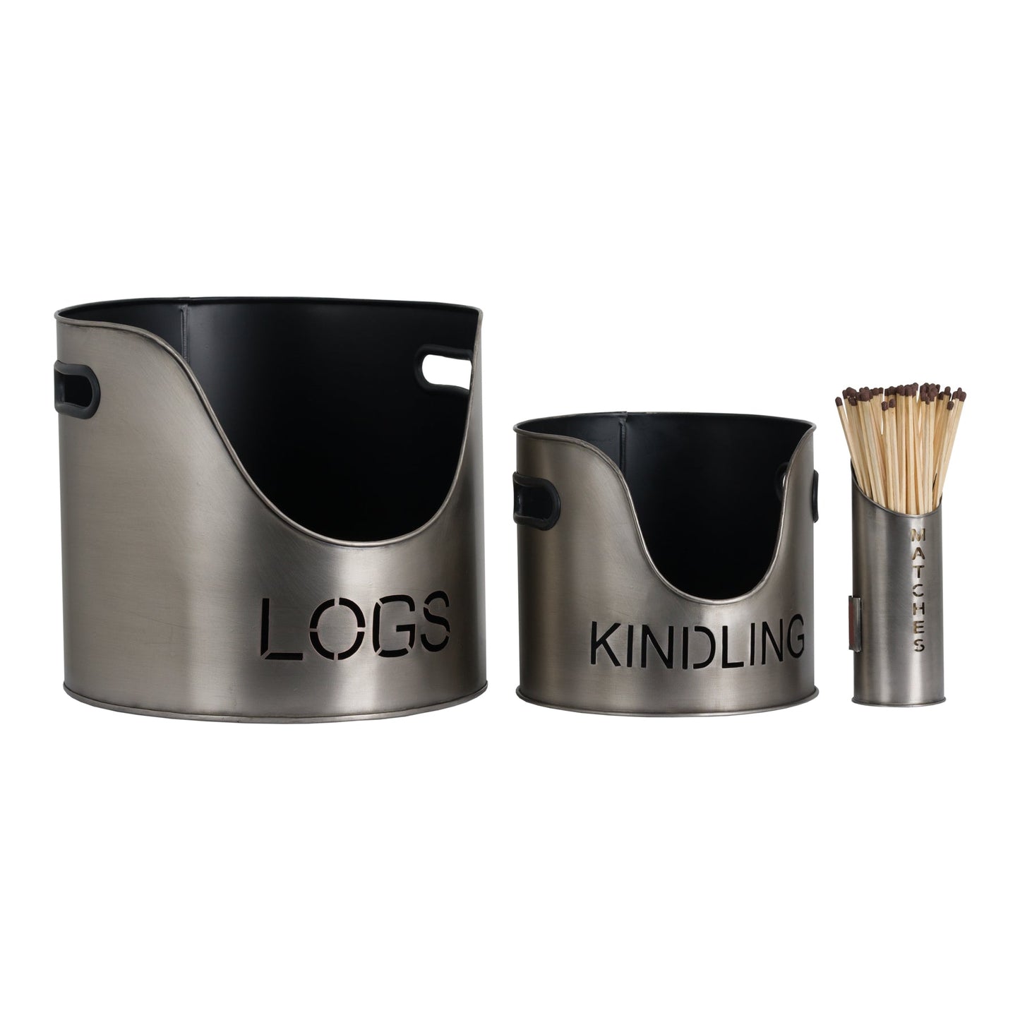 Pewter Finish Logs And Kindling Buckets & Matchstick Holder (19142) By Hill Interiors