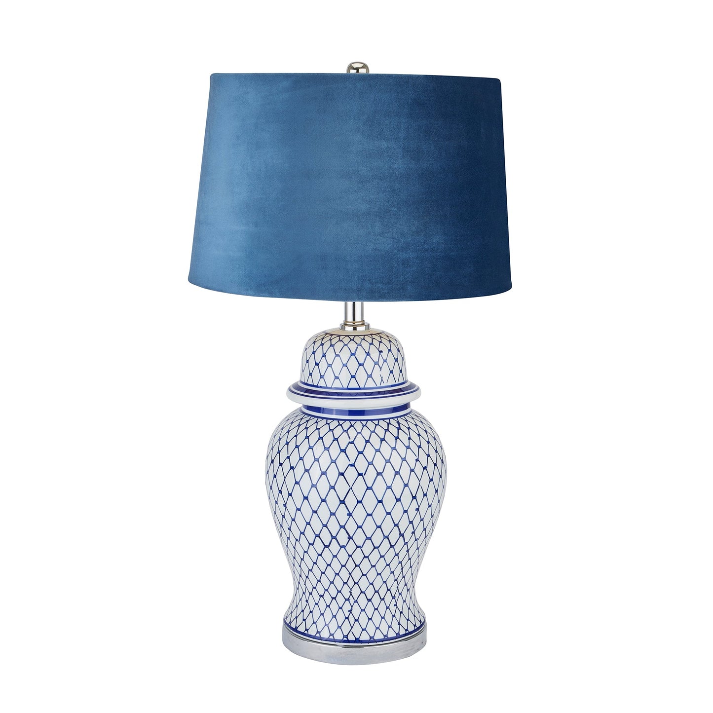 Malabar Blue And White Ceramic Lamp With Blue Velvet Shade (22067) By Hill Interiors