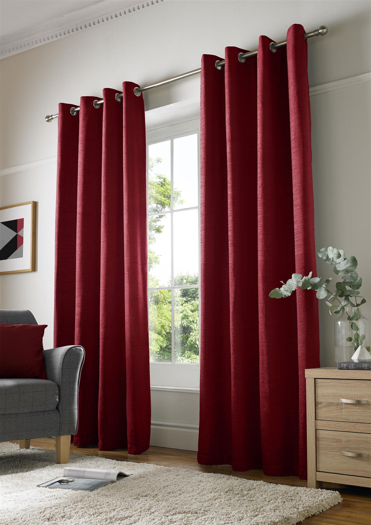 Red Plain Chenille Fully Lined Eyelet Curtains Pair