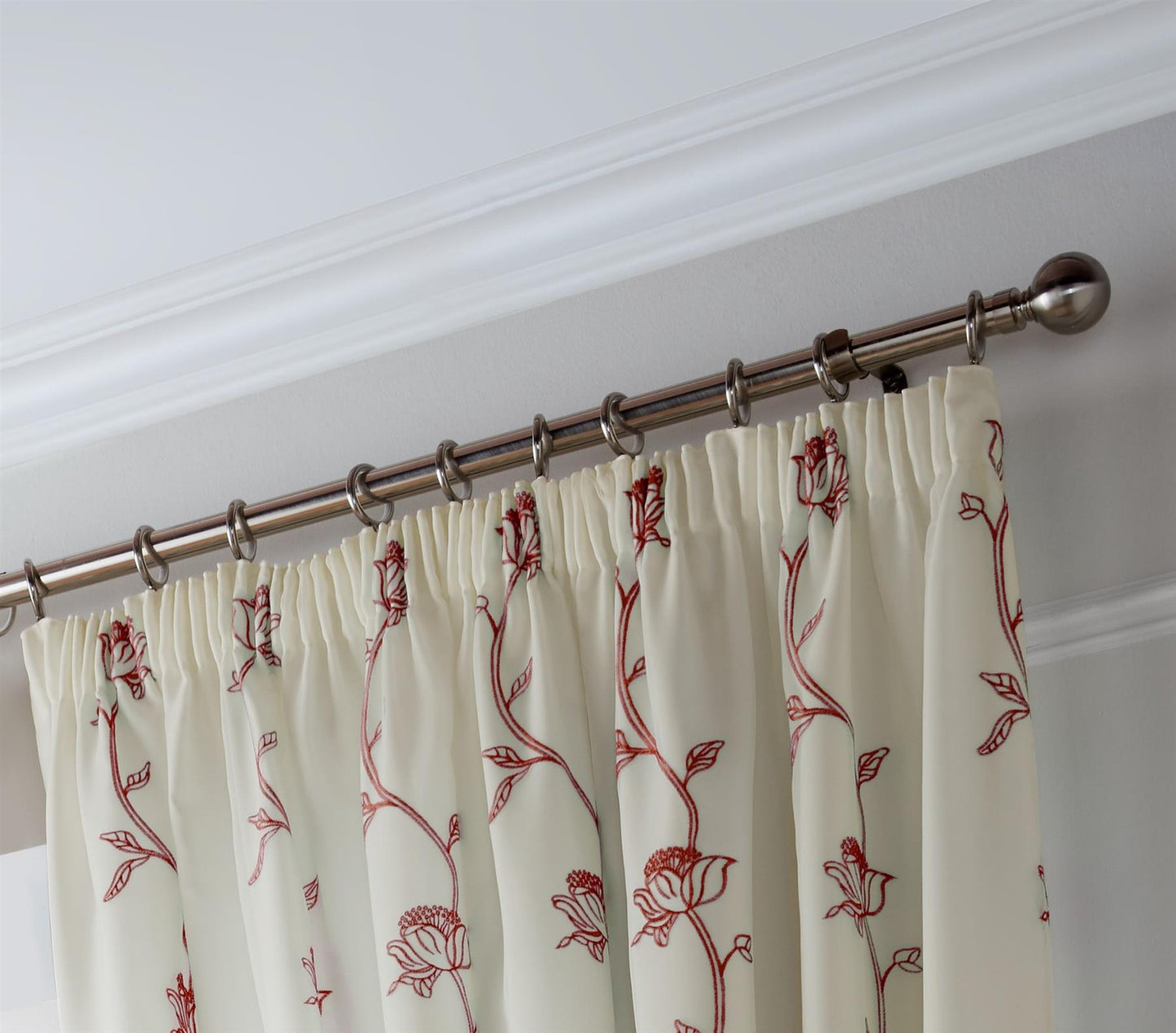 Red Exe Fully Lined Pencil Pleat Curtains Pair.