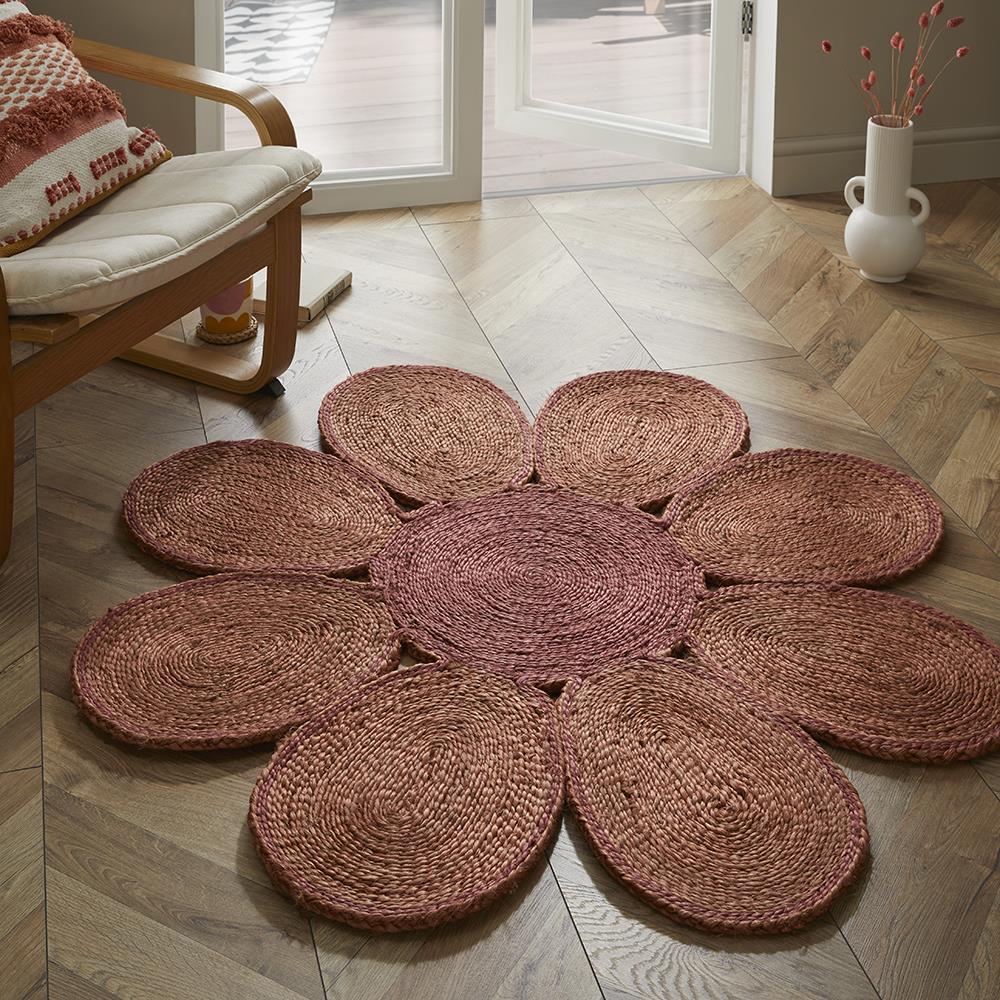 Spinningfields Pink Colour Single Flower Jute Rug