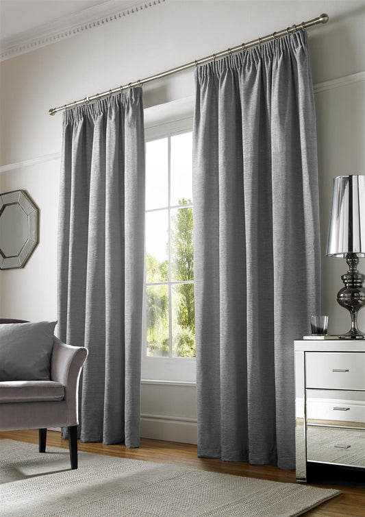 Silver Plain Chenille Fully Lined Pencil Pleat Curtains Pair