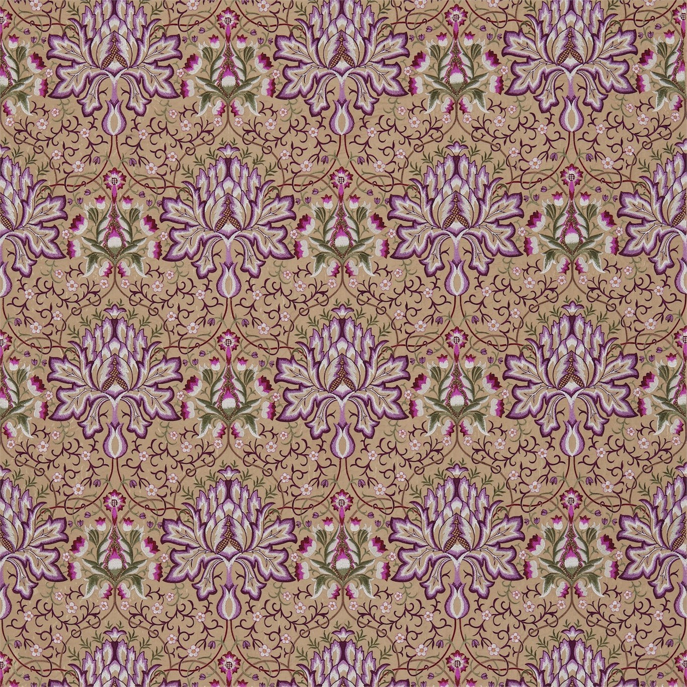 Artichoke Embroidery Fabric by Morris & Co. - DMEM234543 - Aubergine/Gold