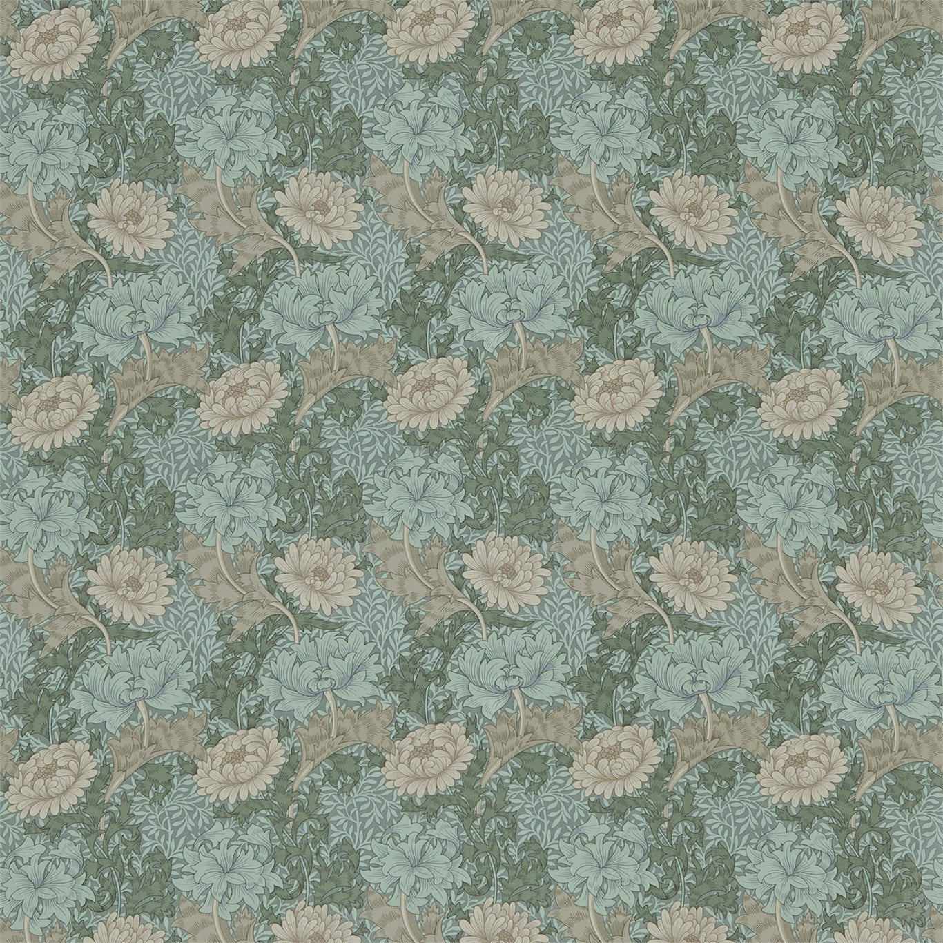 Chrysanthemum Fabric by Morris & Co. - DMFPCH208 - Green/Biscuit