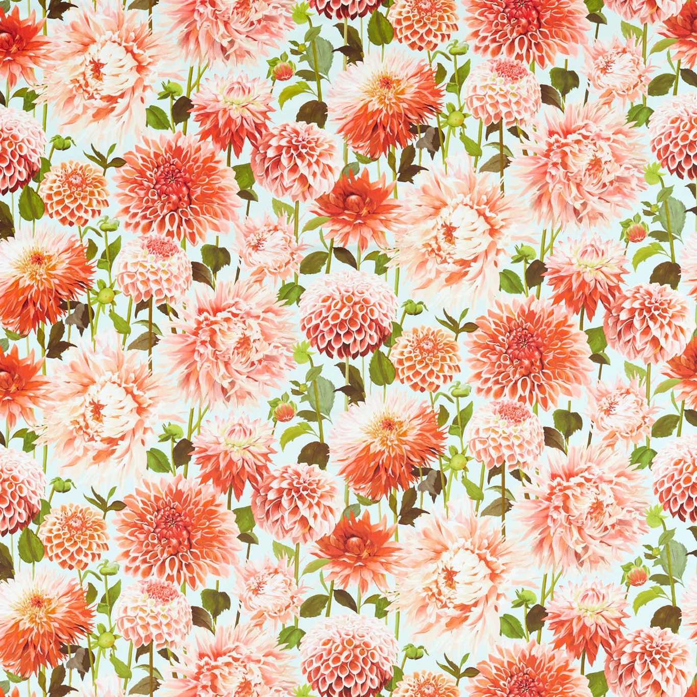 Dahlia Fabric by Harlequin - HQN2121083 - Coral/Fig Leaf/Sky������������������