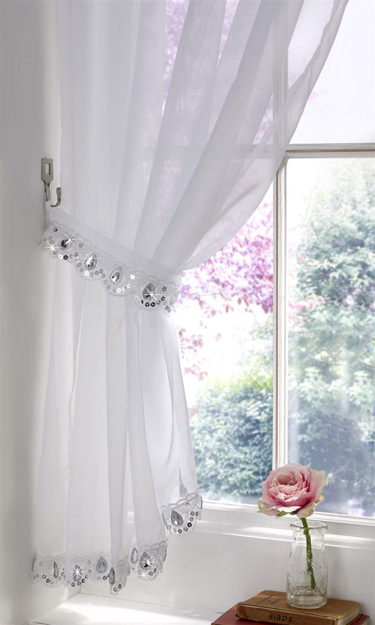 White Jewelled Voile Curtain Panel