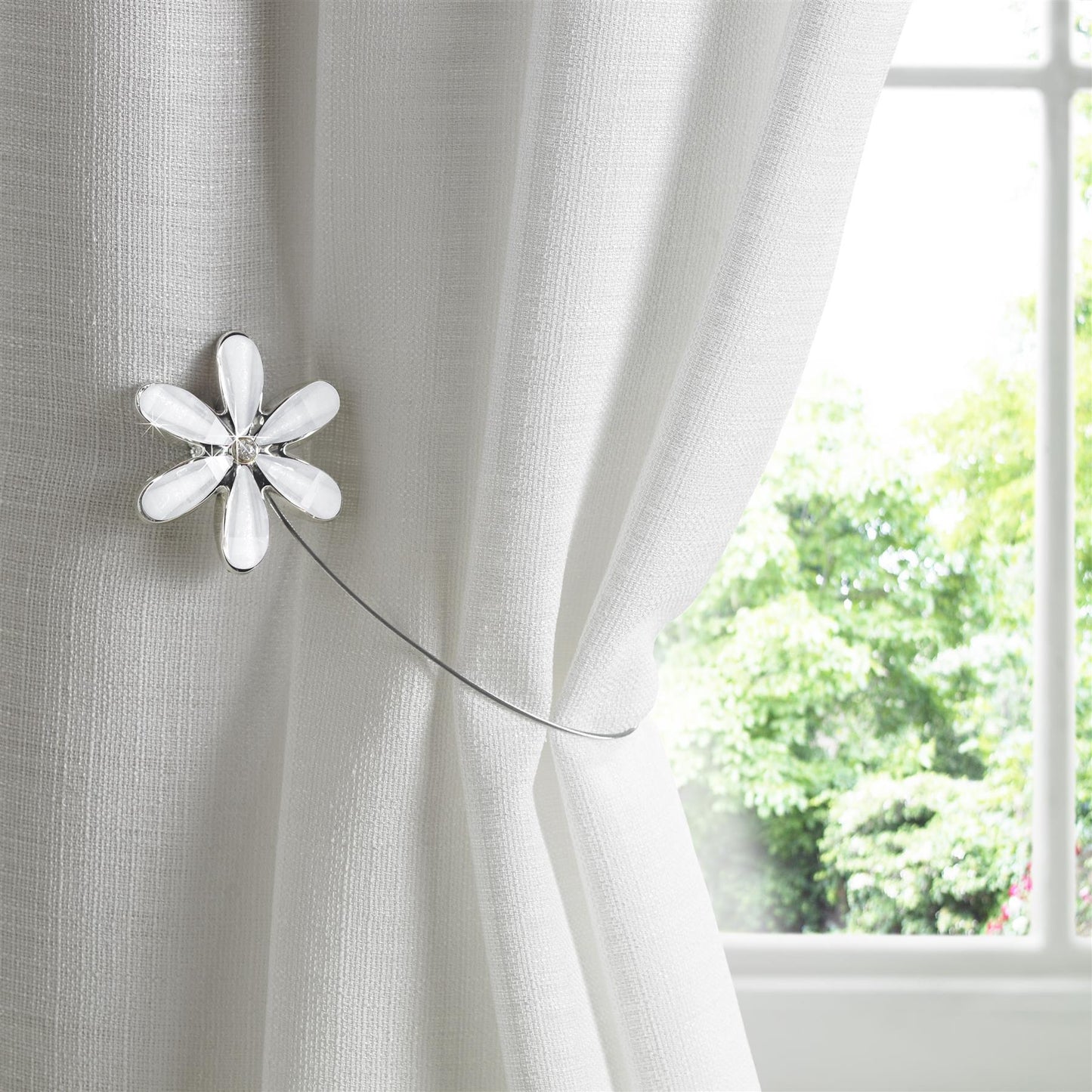 White Flower Magnetic Curtain Tie Backs Pair