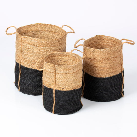 Beckenham Set of 3 100% Jute Black Block Colour Round Basket