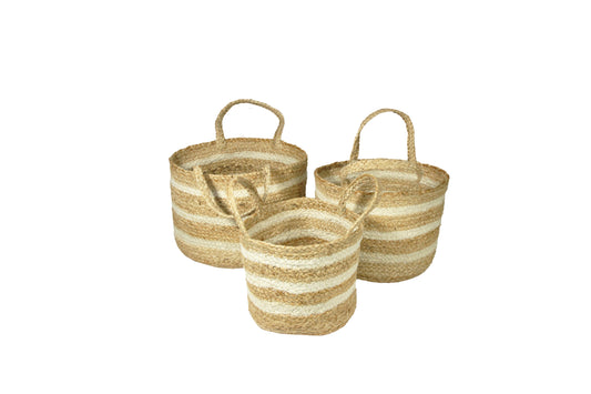 Barnsbury Set of 3 100% Jute Cream Stripe Basket with Handle
