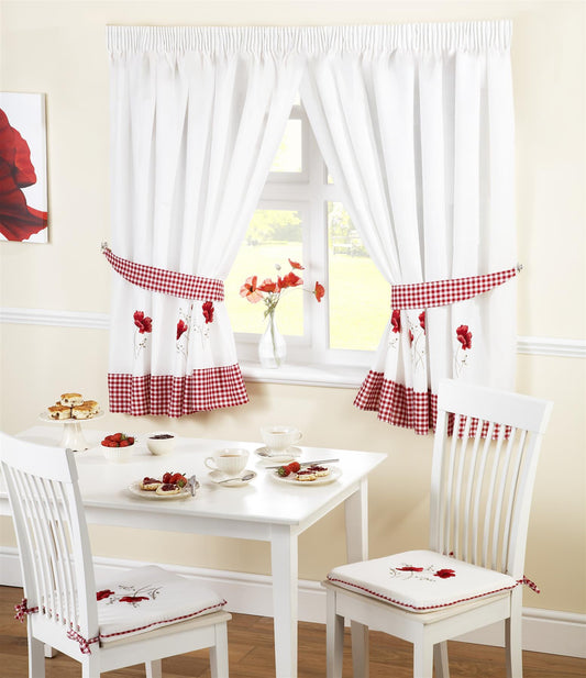 Red/Multi Poppy Pencil Pleat Curtains Pair. Including free tie backs. Pelmet Available Seperately