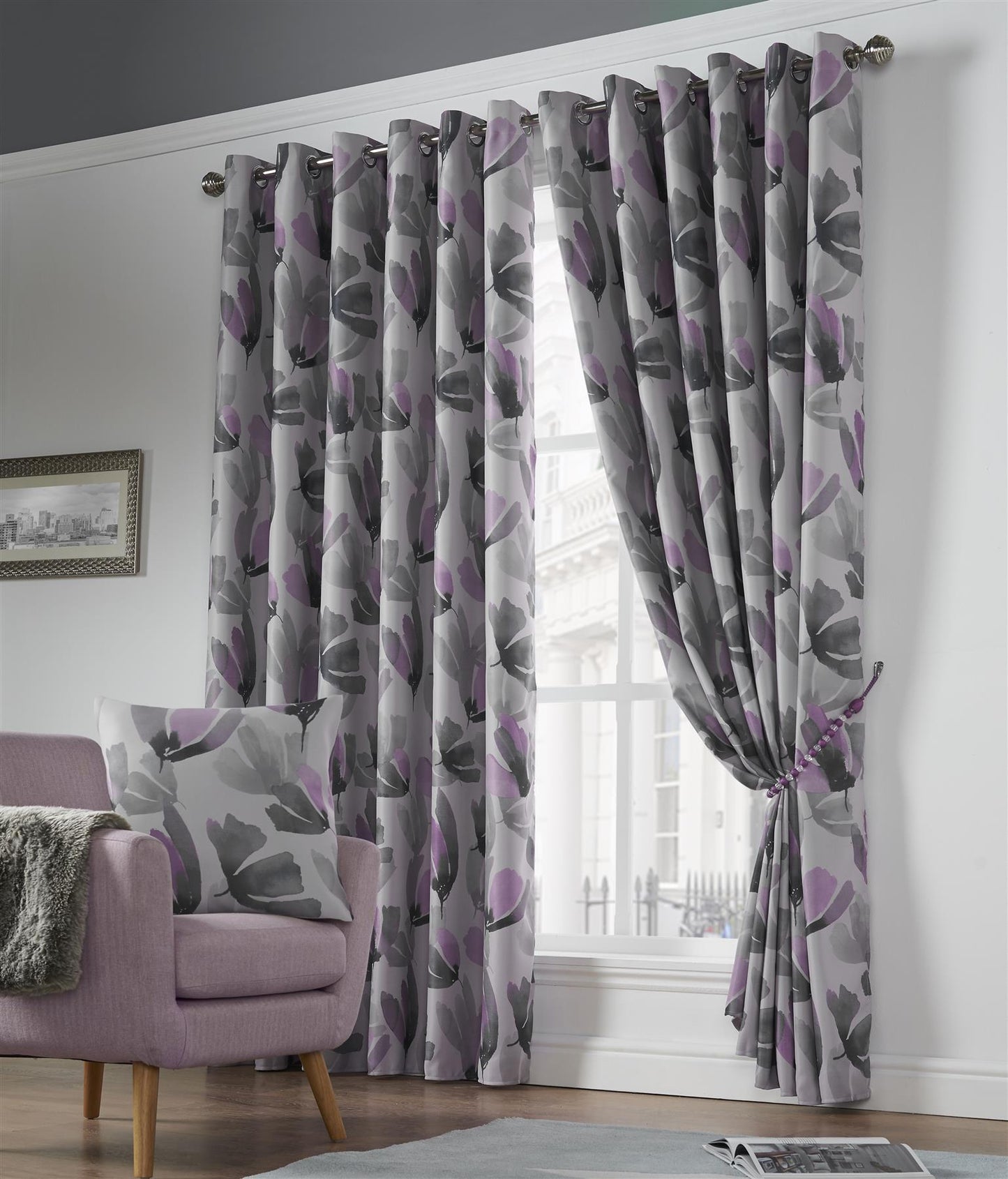 Purple Amster Blackout thermal eyelet curtains. Pair.