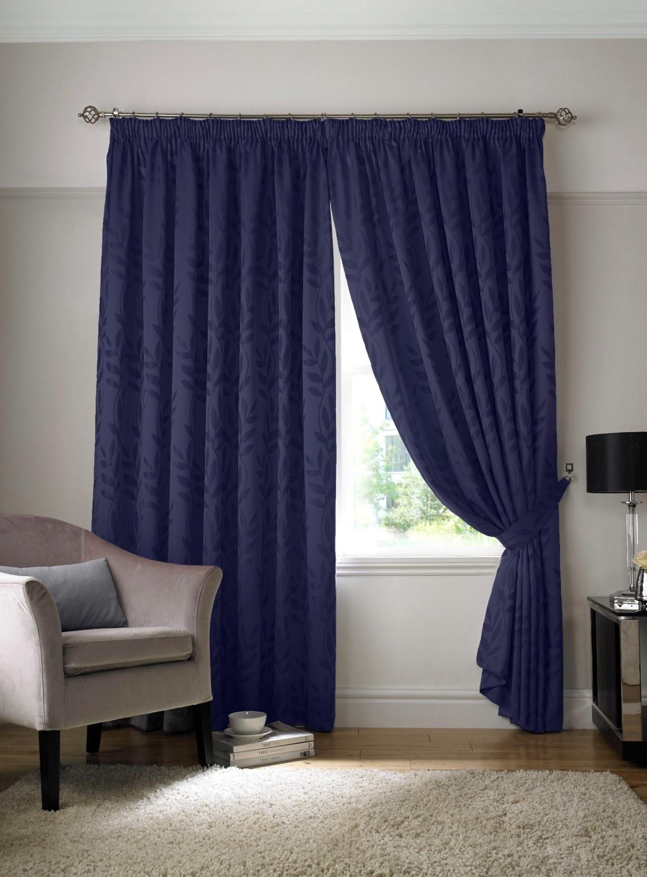 Navy Tivolia Fully Lined Pencil Pleat Curtains - Pair - Including Free Tie Backs