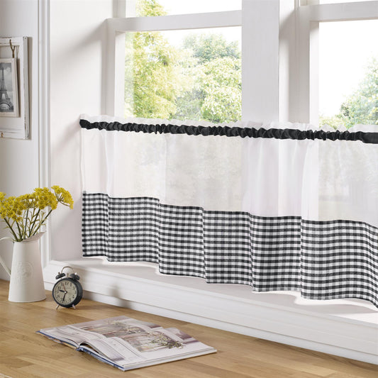 Black Gingham Check cafe curtain panel