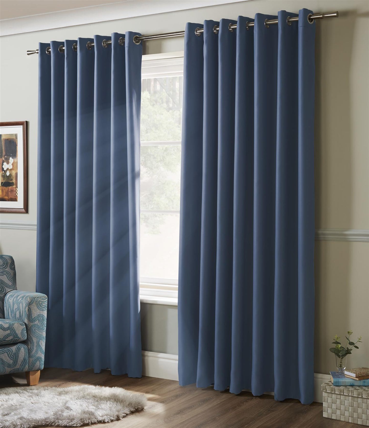 Blue 100% Blackout Thermal Eyelet Curtains - Pair