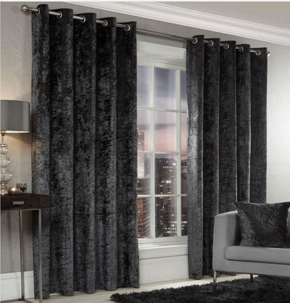 Charcoal Velvet Crushed Eyelet Curtains.  Pair