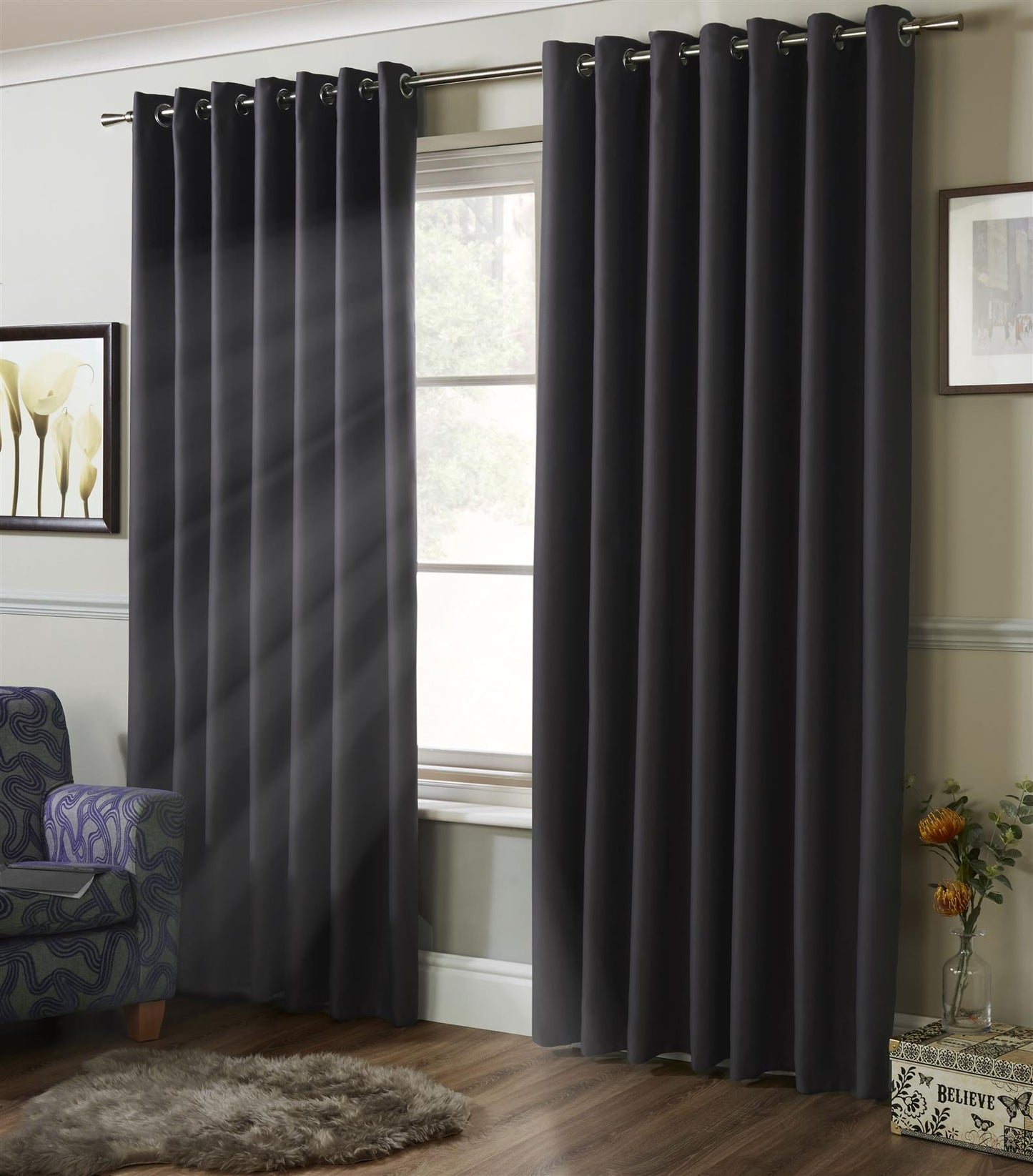 Charcoal Blackout Thermal Eyelet Curtains - Pair