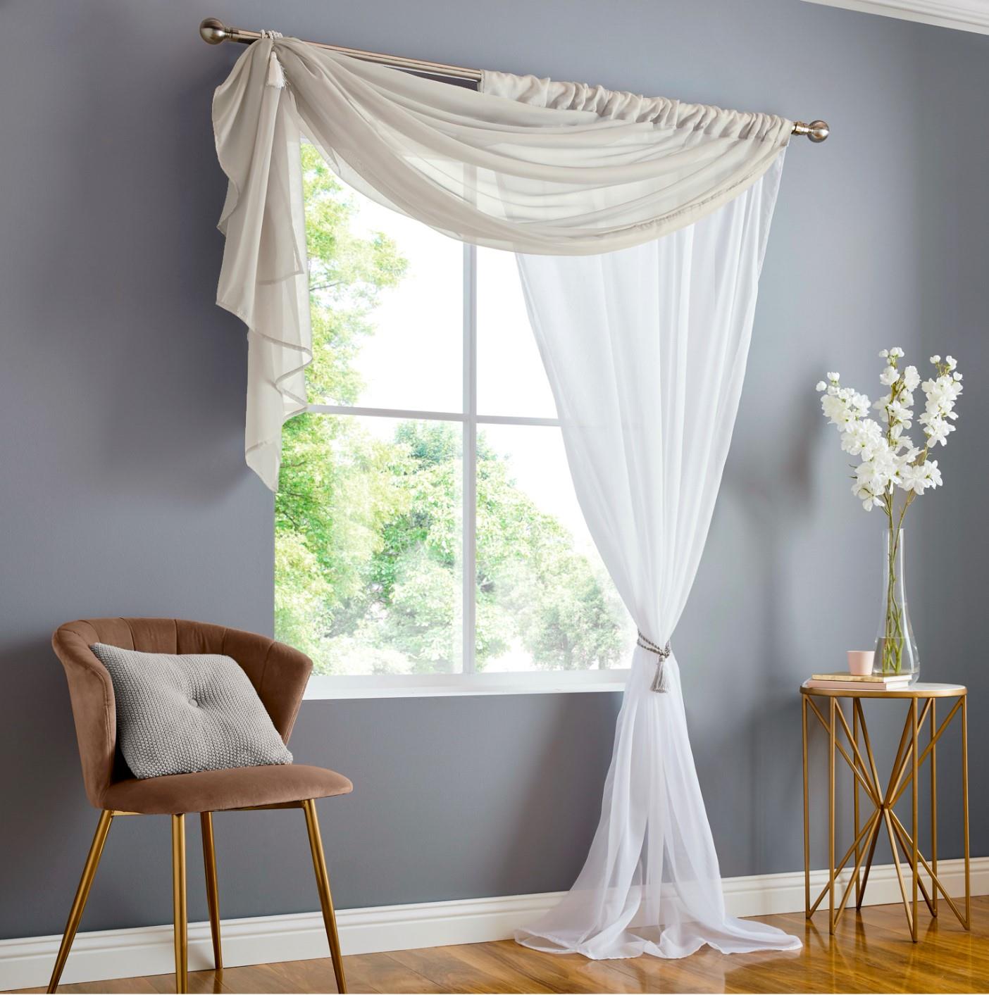 Taupe/White Double Display Voile Slot Top Curtain Panels