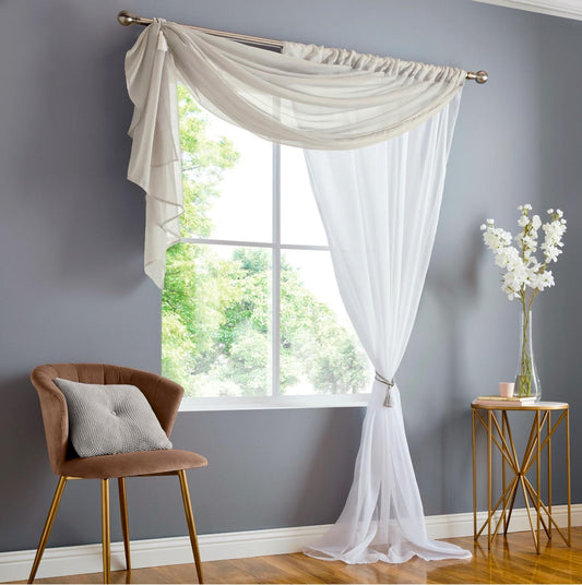 Taupe/White Double Display Voile Slot Top Curtain Panels