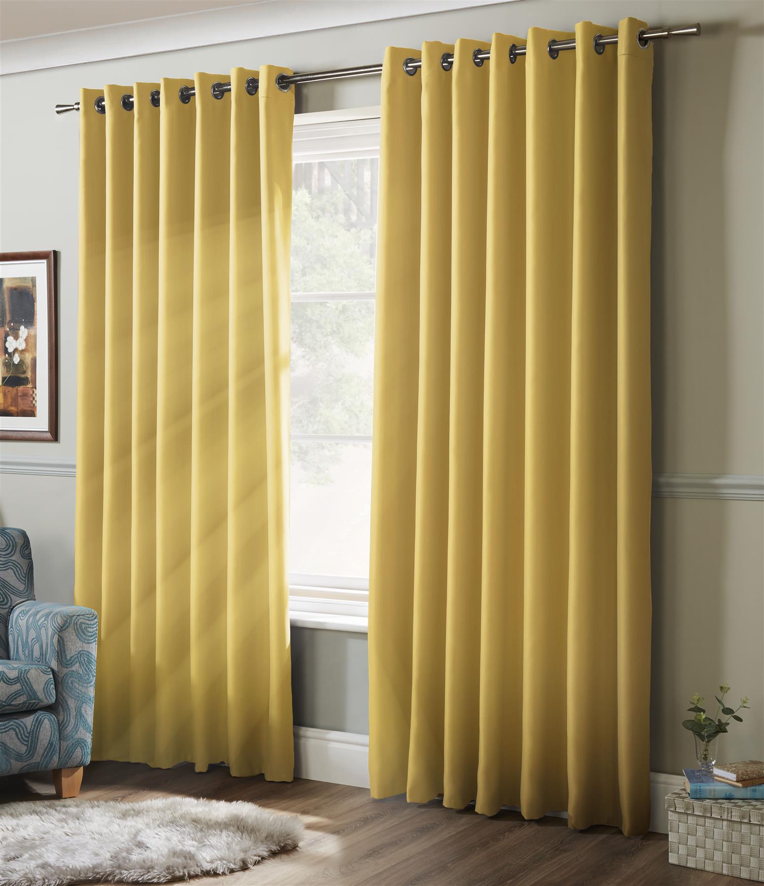 Ochre 100% Blackout Thermal Eyelet Curtains - Pair