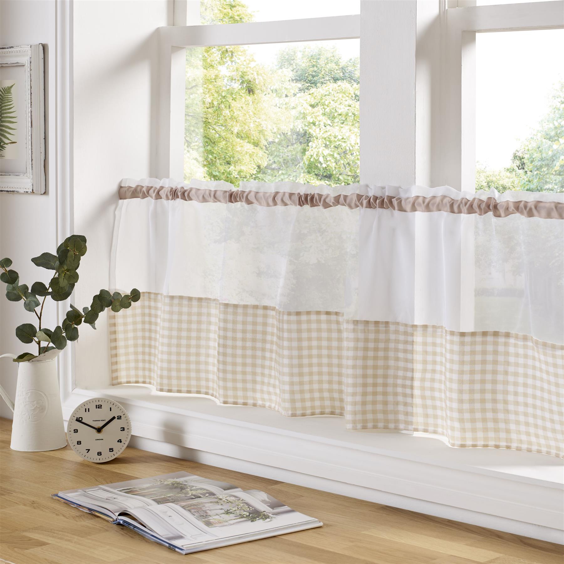 Beige Gingham Check cafe curtain panel