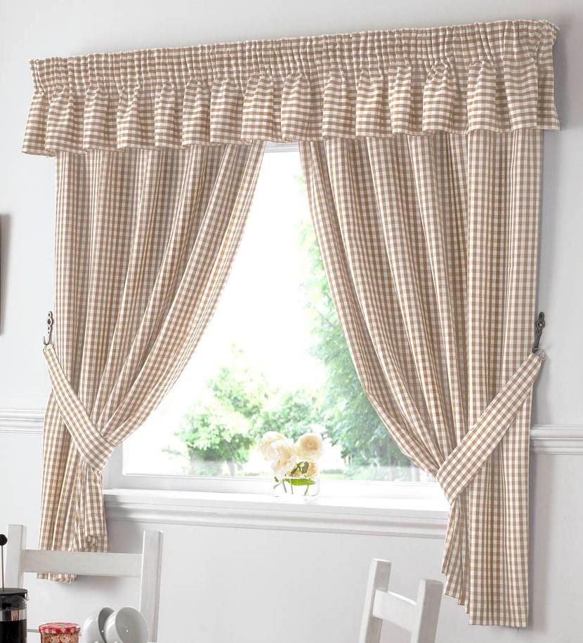 Beige Gingham Check Pencil Pleat Curtains Pair Including Free Tie Backs. Pelmet Sold Seperately.