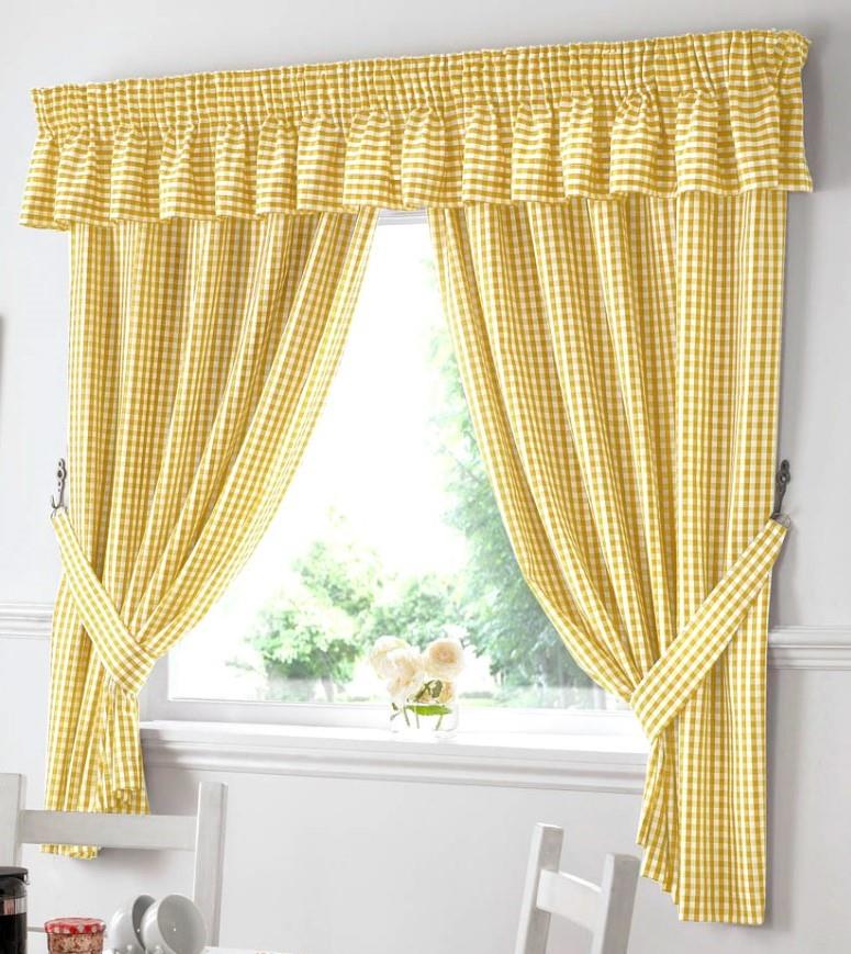 Yellow Gingham Check Pencil Pleat Curtains Pair Including Free Tie Backs. Pelmet Sold Seperately.
