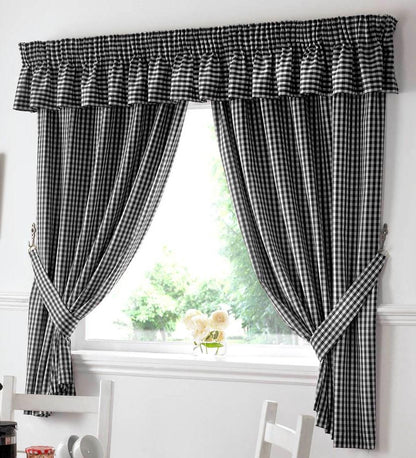 Black Gingham Check Pencil Pleat Curtains Pair Including Free Tie Backs. Pelmet Sold Seperately.