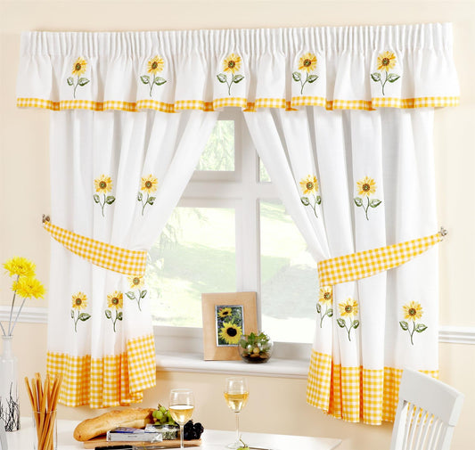Yellow/Multi Sunflowers Pencil Pleat Curtains Pair. Including free tie backs. Pelmet Available Seperately