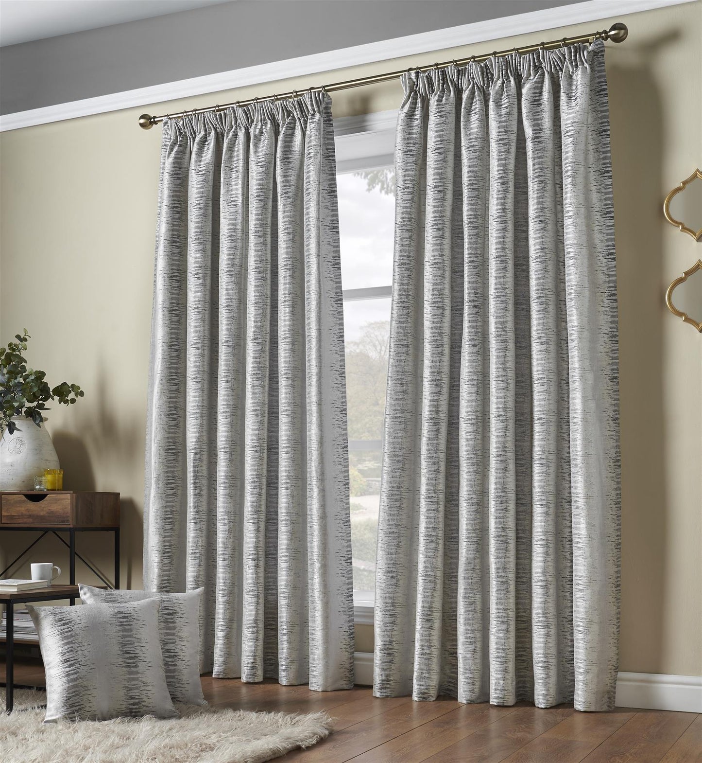 Silver Reflection Fully Lined Pencil Pleat Curtains Pair