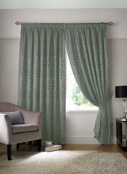 Sage Tivolia Fully Lined Pencil Pleat Curtains - Pair - Including Free Tie Backs