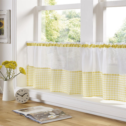 Yellow Gingham Check cafe curtain panel