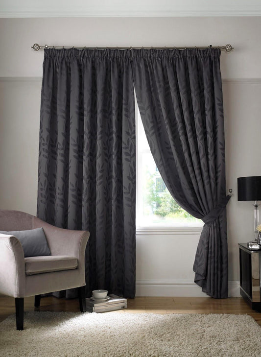 Charcoal Tivolia Fully Lined Pencil Pleat Curtains - Pair - Including Free Tie Backs