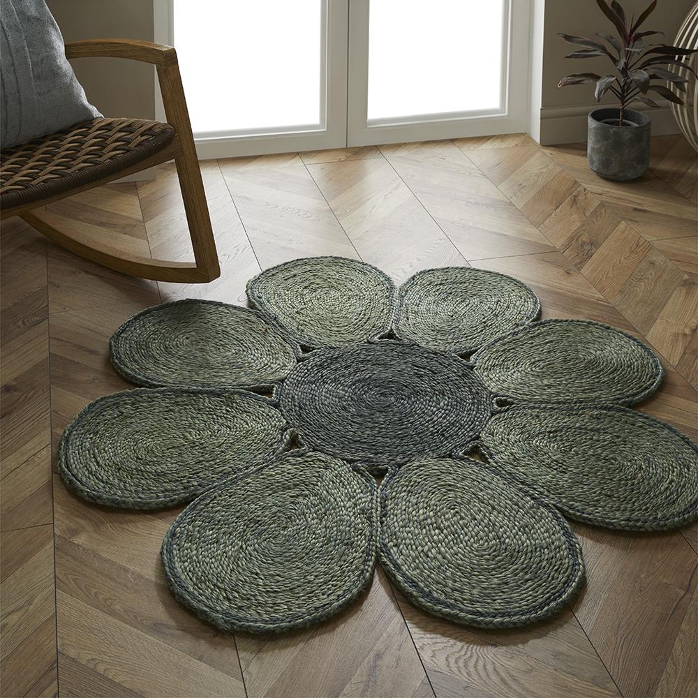 Spinningfields Green Colour Single Flower Jute Rug