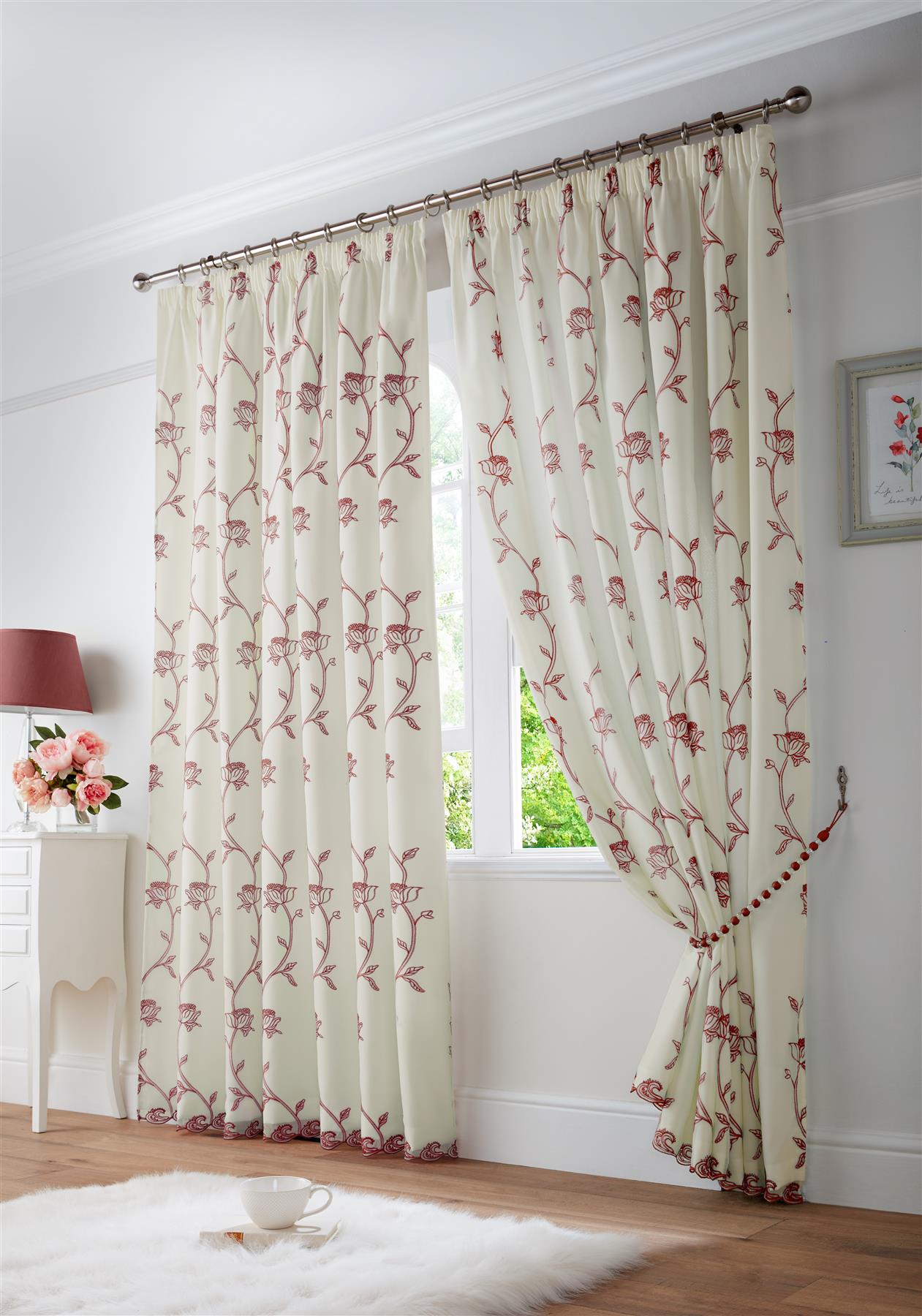 Red Exe Fully Lined Pencil Pleat Curtains Pair.
