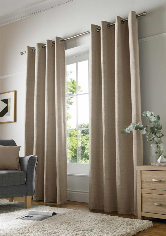 Latte Plain Chenille Fully Lined Eyelet Curtains Pair