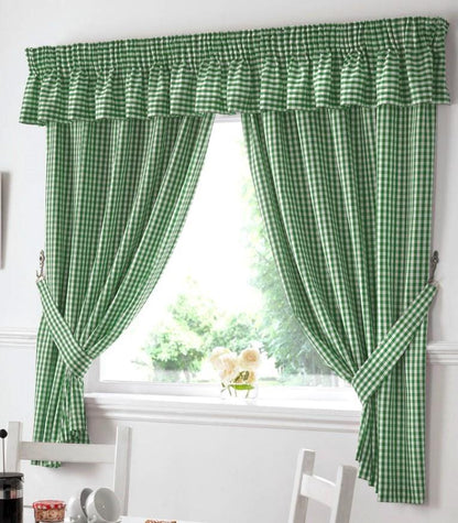 Green Gingham Check Pencil Pleat Curtains Pair Including Free Tie Backs. Pelmet Sold Seperately.