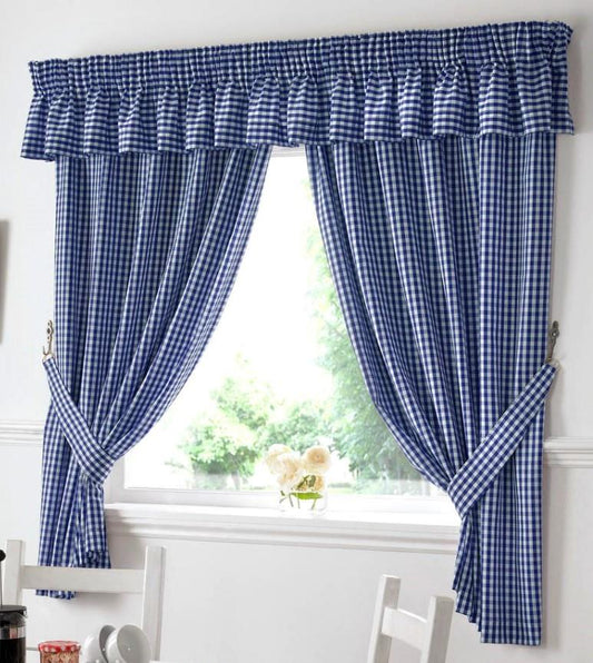 Blue Gingham Check Pencil Pleat Curtains Pair Including Free Tie Backs. Pelmet Sold Seperately.