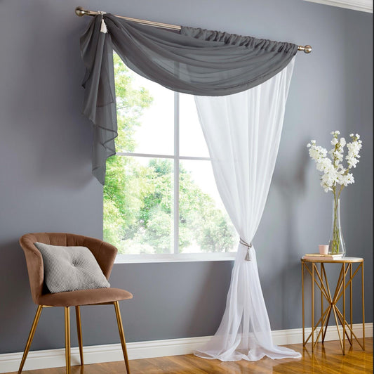 Charcoal/White Double Display Voile Slot Top Curtain Panels