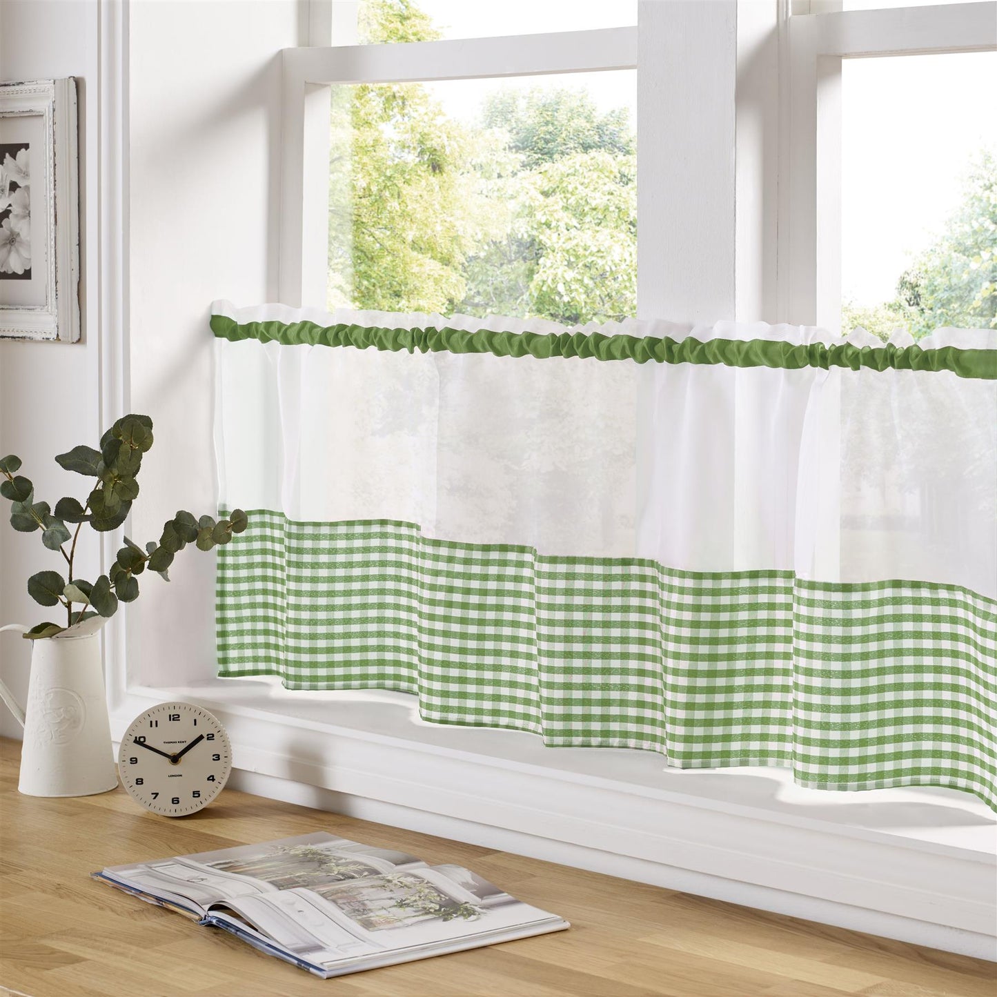 Green Gingham Check cafe curtain panel