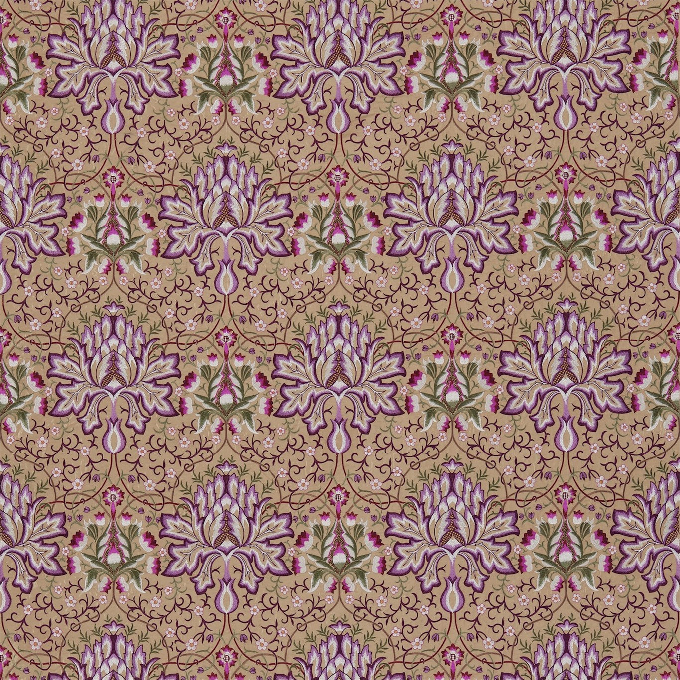 Artichoke Embroidery Fabric by Morris & Co. - DMEM234543 - Aubergine/Gold