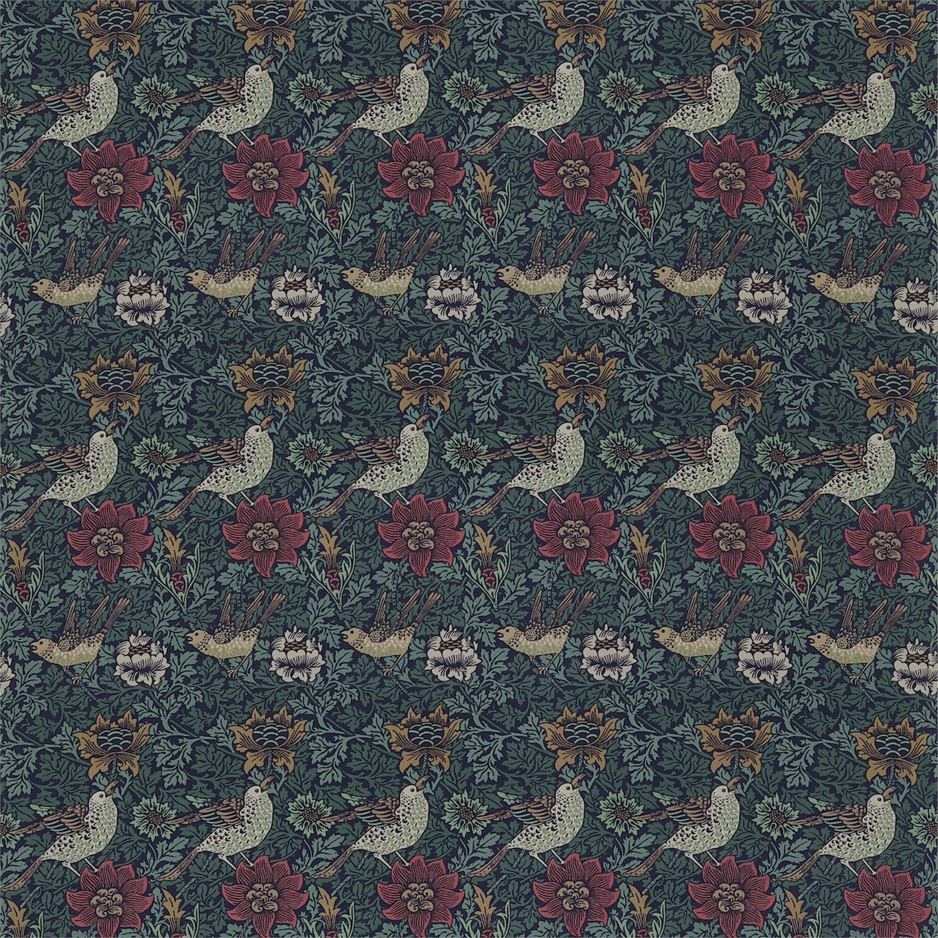 Bird & Anemone Fabric by Morris & Co. - DMFPBI201 - Forest/Indigo