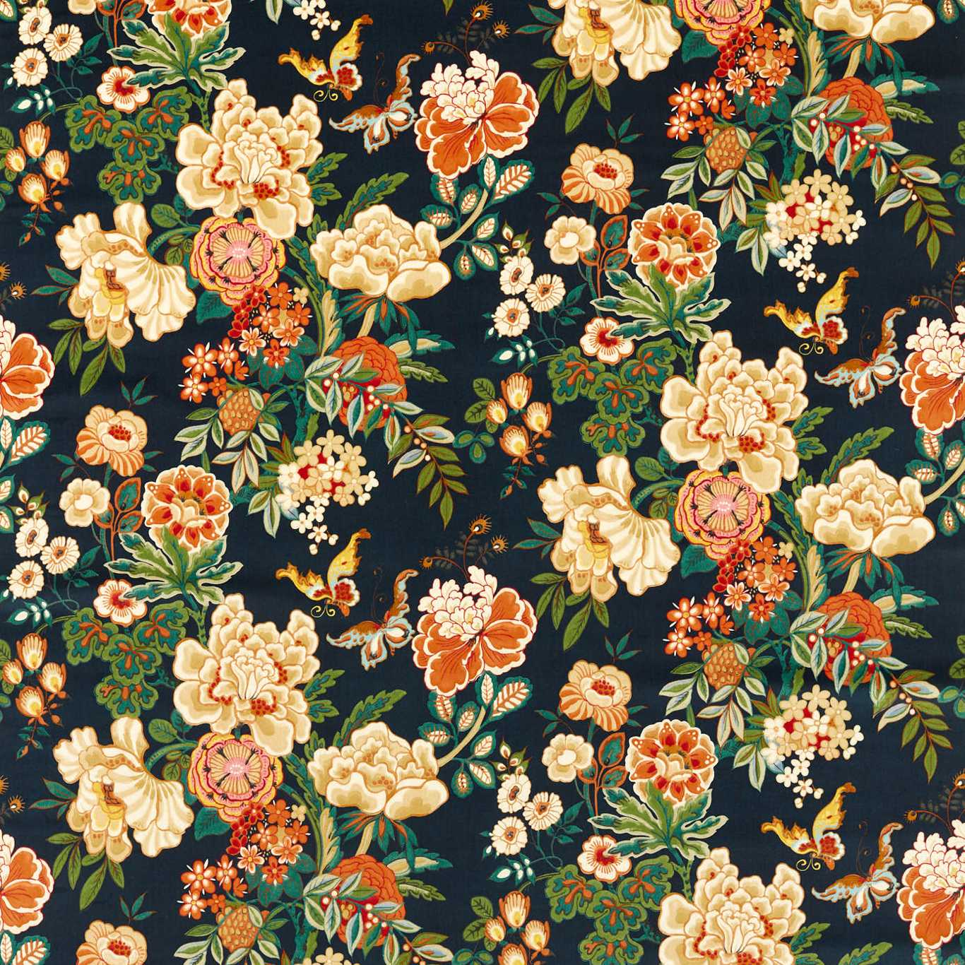 Emperor Peony Fabric by Sanderson - DWAT226961 - Midnight/Apricot