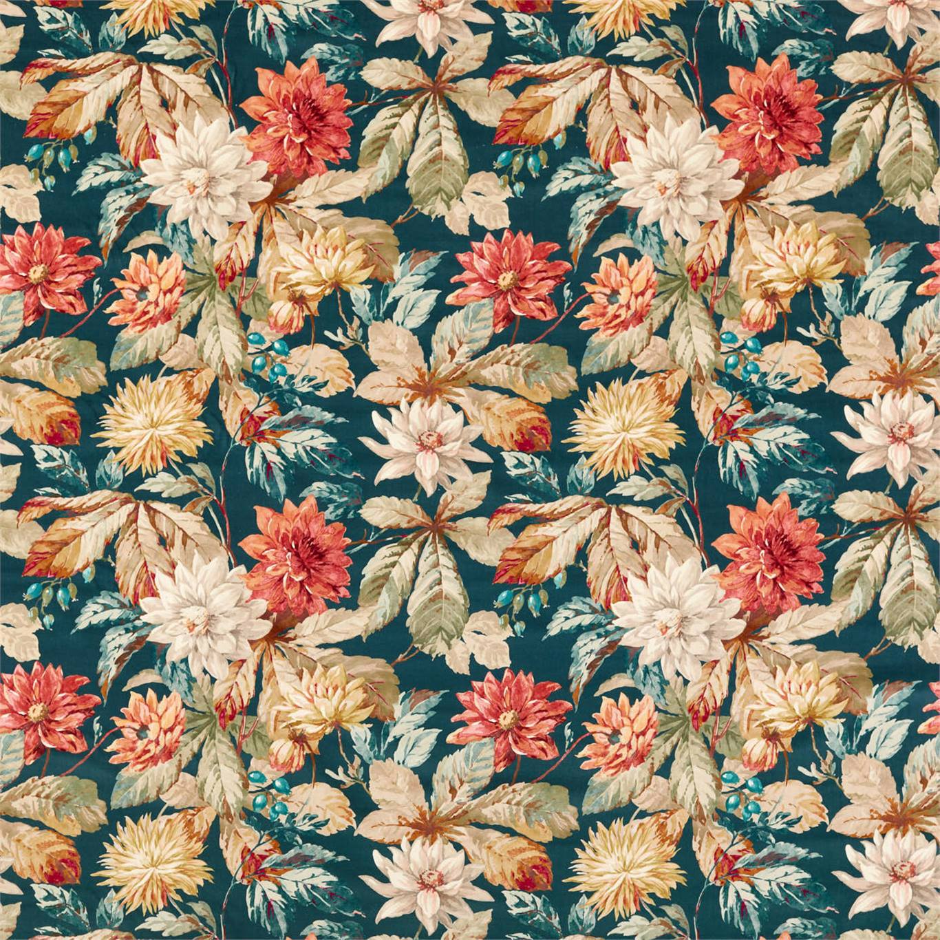 Dahlia & Rosehip Velvet Fabric by Sanderson - DYSI226533 - Teal/Russet (Velvet)