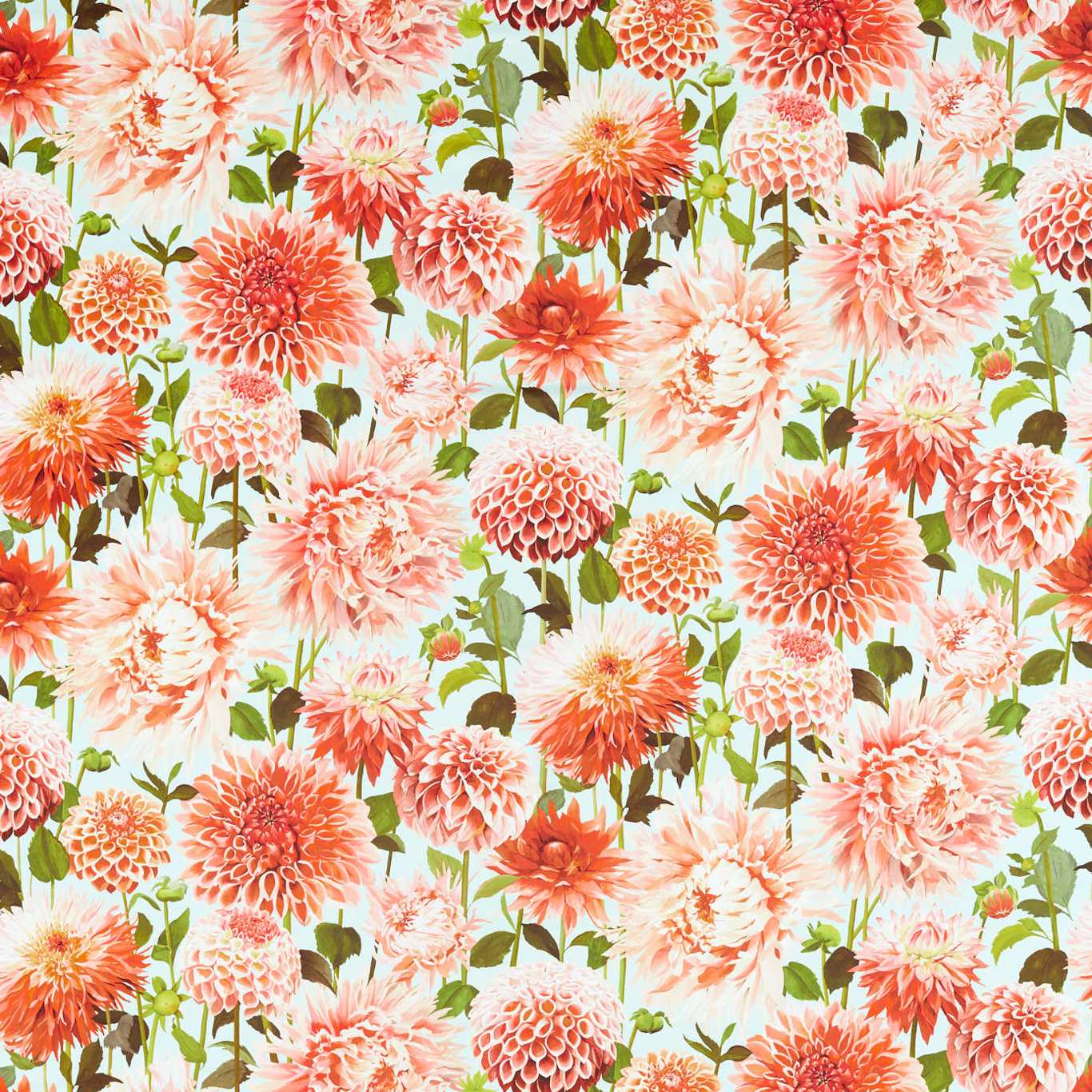 Dahlia Fabric by Harlequin - HQN2121083 - Coral/Fig Leaf/Sky������������������