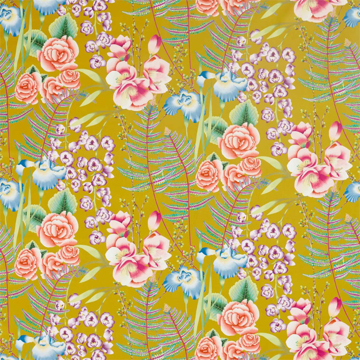 Amaryllis Fabric by Harlequin - HZAP120735 - Coral/Lagoon/Ochre