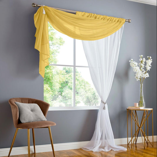Ochre/White Double Display Voile Slot Top Curtain Panels