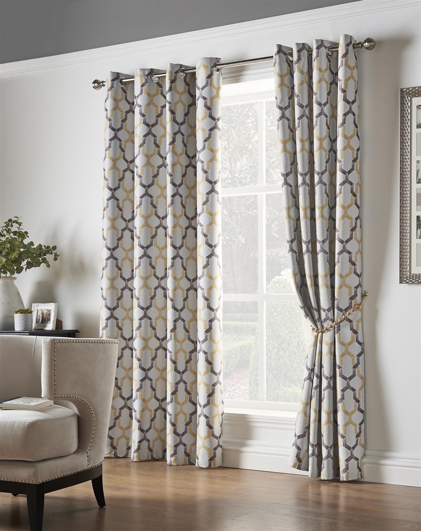 Ochre Geo Blackout Thermal Eyelet Curtains - Pair