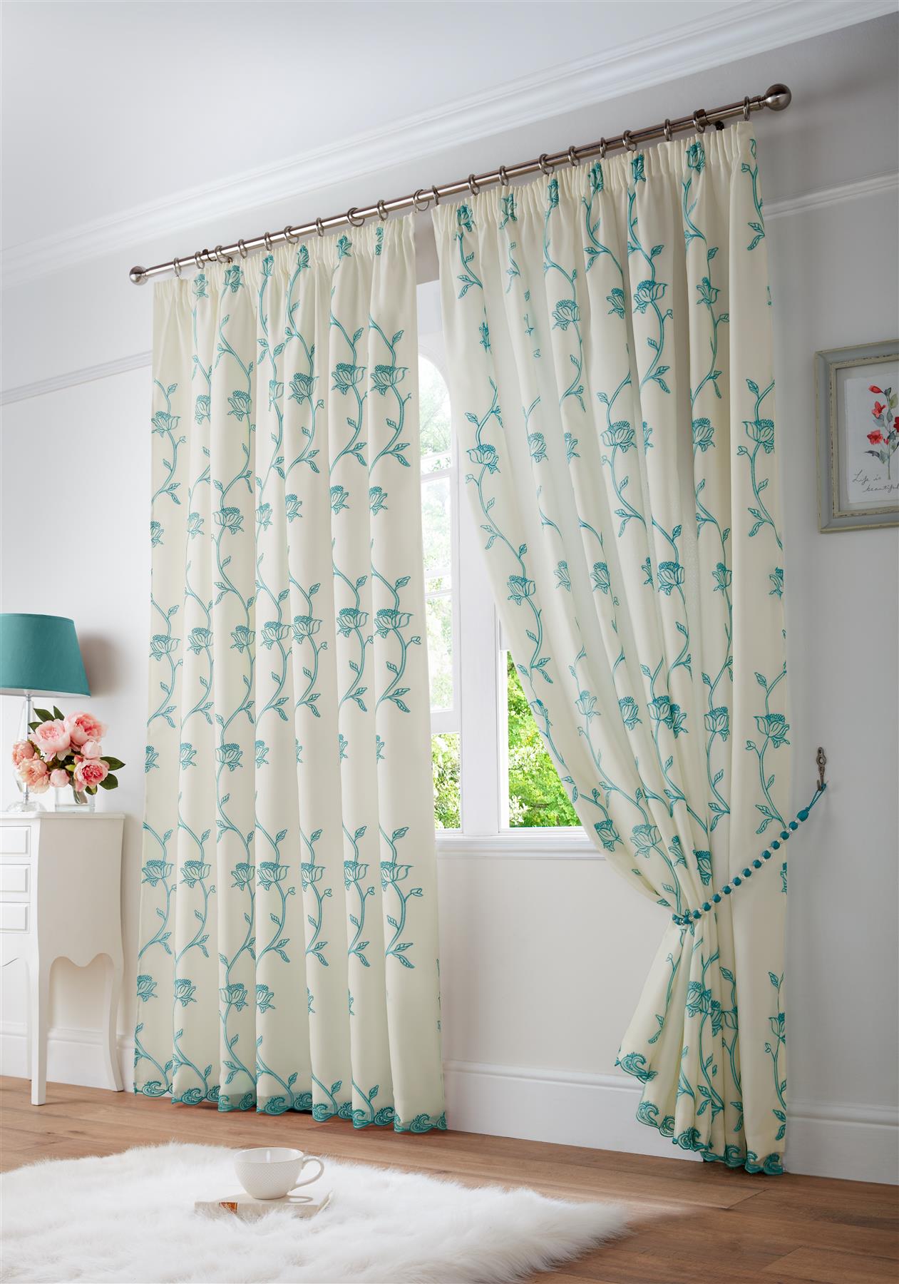 Teal Exe Fully Lined Pencil Pleat Curtains Pair.